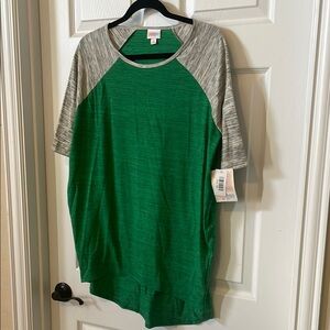Lularoe Irma raglan tee, size extra small, green with gray sleeves